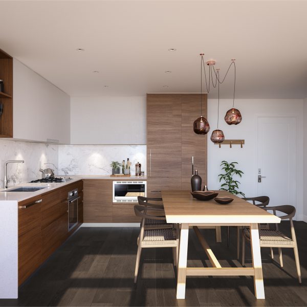 Spacious walnut kitchen with ample room for meal prep, featuring luxurious solid quartz waterfall countertops and full-height porcelain backsplash