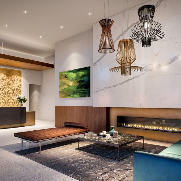 Expansive, hotel-inspired lobbies are accented with exterior water features and anchored with a fireplace and lounge seating.